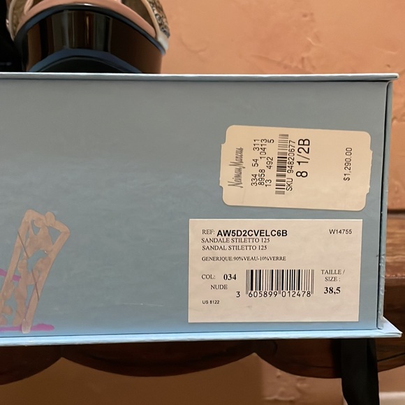 Lanvin Paris open toe platform heel sandals, nude and black with studded vamp - Picture 12 of 14